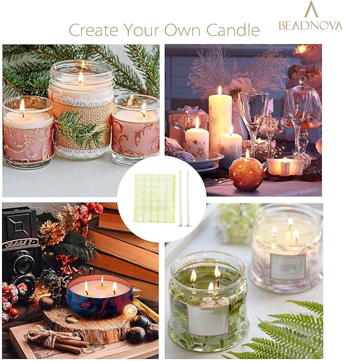 BEADNOVA Candle Cotton Wicks 4 Inch 50pcs with Stickers Short Candle Making Wicks and Double Sided Stickers for Making DIY