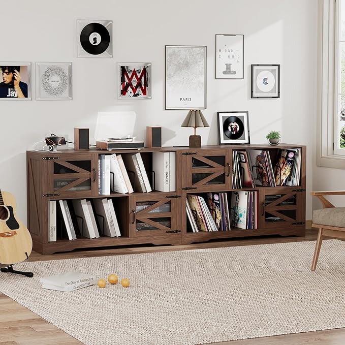 Large Record Player Stand with Vinyl Storage, 500+ Vinyl Record Storage Cabinet, 47 Inch Record Player Table with Power Outlet, Farmhouse Wooden Turntable Stand for Living Room, Walnut