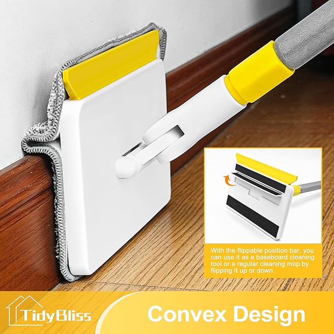 Baseboard Cleaner Tool with Handle, 55.9” Long Wall and Base Board Cleaning Mop, 4 Reusable Pads, 1 Stiff Bristle Scrubber Brush for Floorboard Ceiling Cabinet Window Bathroom (Yellow)