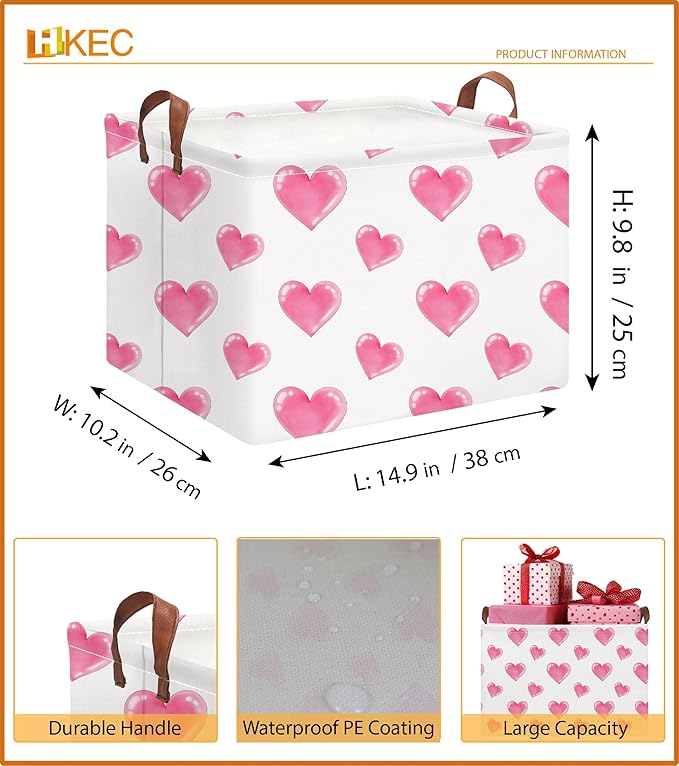 Rectangle Storage Basket with Handles,Collapsible Storage Bin,Books Box,Gift Basket(Watercolor Heart)