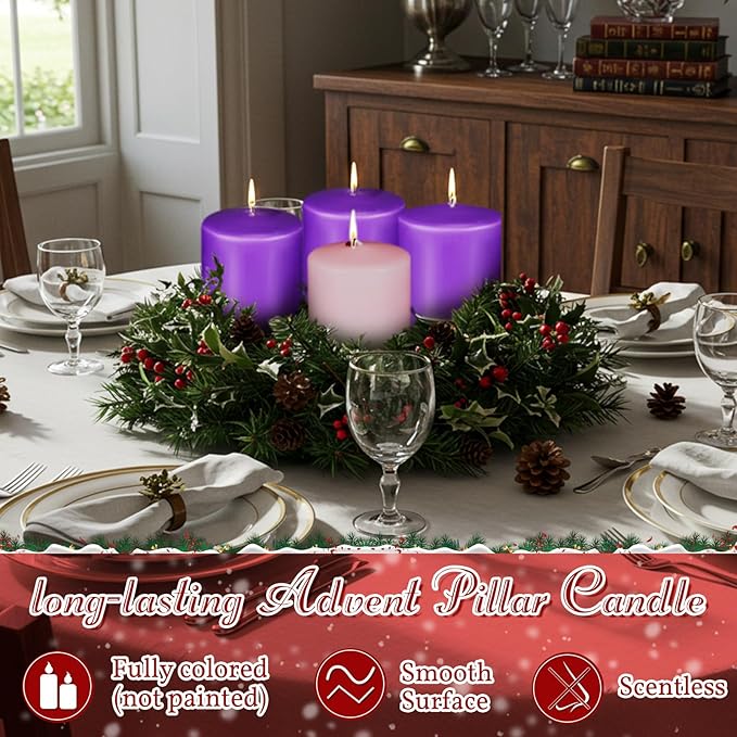 Amylove 8 Pcs 3 x 3 Inch Advent Pillar Candles Set Pink Purple Christmas Unscented Lasting Burning Church Candles for Advent Wreath Holiday Gifting