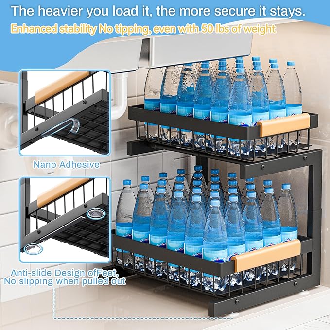 ADBIU Under Sink Organizer XL Size, 2 Packs 2 Tier Expandable Height (13.5" - 17.5") Under-Sink Organizers Slide Out Pull Out Bathroom Kitchen Organizers and Storage