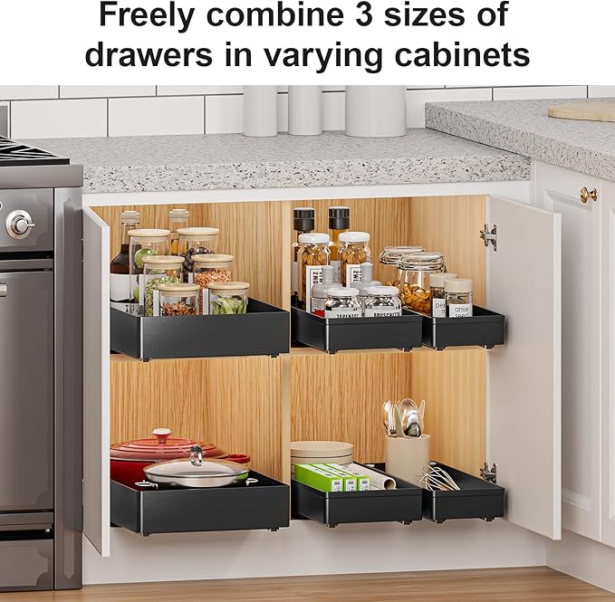 Delamu 3 Pack Pull Out Cabinet Organizer, 15.7" Deep Pull Out Drawers for Cabinets, Slide Out Drawers for Kitchen Cabinets, Bathroom Cabinet Organizer, Pantry (Black)