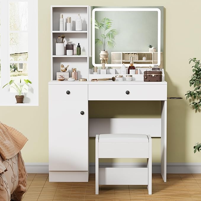 YIKEHOME Women Makeup Vanity Desk with Mirror and 11 Lights, 3-Colour Hollywood Brighter Bulbs, Vanity Table with Large Drawers and Tiers of Open Shelves for Bedroom Dressing Room White