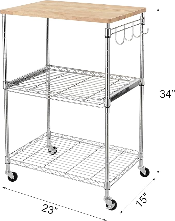 Finnhomy 3-Tier Rolling Kitchen Cart, Microwave Cart with Oak Wood Tabletop and Drawer Slider, Coffee Cart & Food Service Cart with Hooks, Chrome