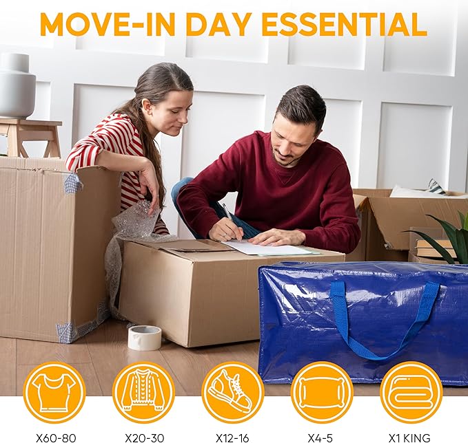 HealSmart 12 Pack Oversize Moving Bags with Carrying Handles & Zippers, Heavy-Duty Storage Tote Moving Boxes for Dorm Room Essentials Storage Bags, Blue
