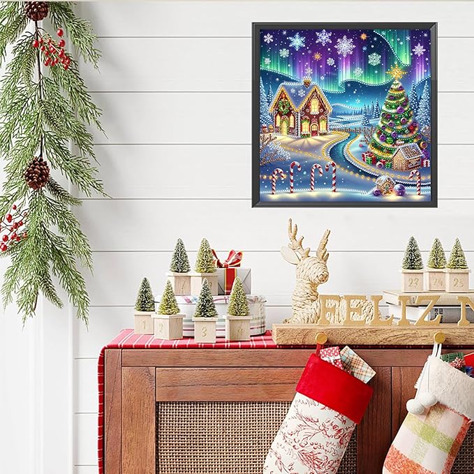 5D Aurora Xmas House Special Shape Diamond Art Kits for Beginners, Christmas Winter Theme Diamonds Painting Kits for Adults,DIY Crystal Rhinestones Diamond Paintings for Home Wall Decor 12×12Inch