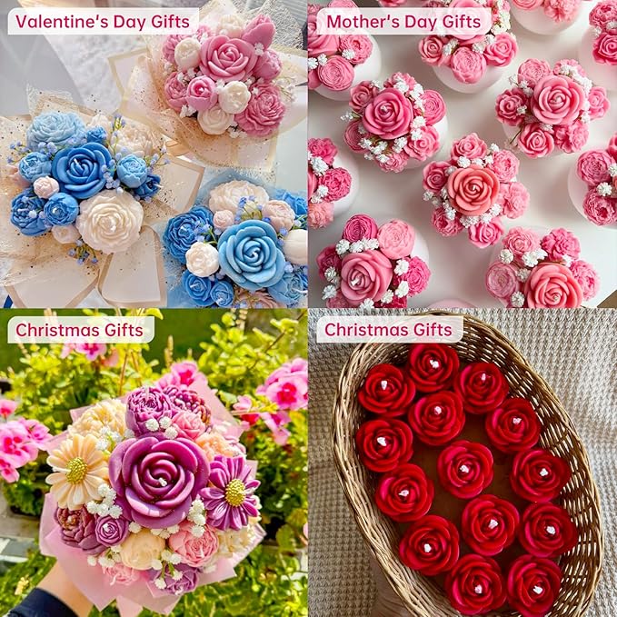 9 PCS Flower Candle Resin Molds,3D Heart Rose Tulip Daisy Peony Silicone Molds for Candle Soap Chocolate Making Valentine Mother Day Silicone Mold Rosas Silicona para Velas