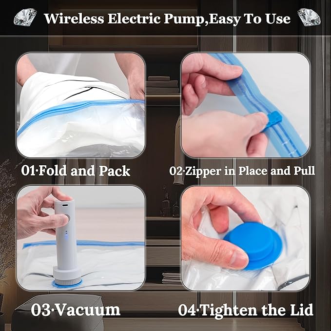 Vacuum Sealing Bags for Clothing Travel,Space Saver Vacuum Storage Bags with Wireless Air Pump (15 Combo Bags+Electric Pump)