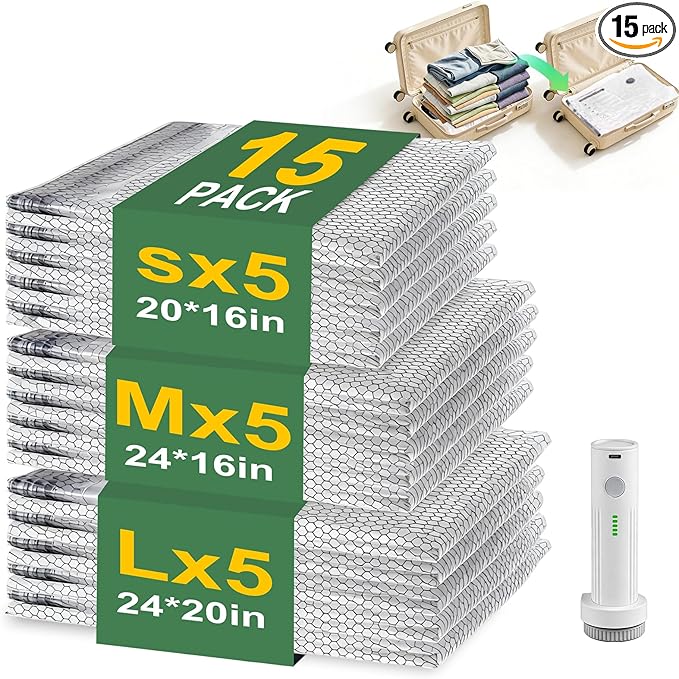 Vacuum Seal Bags for Clothing with Wireless Electric Pump - Travel & Home Use, 15 Pack Ideal Space Saver Vacuum Storage Bags, Ultimate Travel Vacuum Bags for Luggage