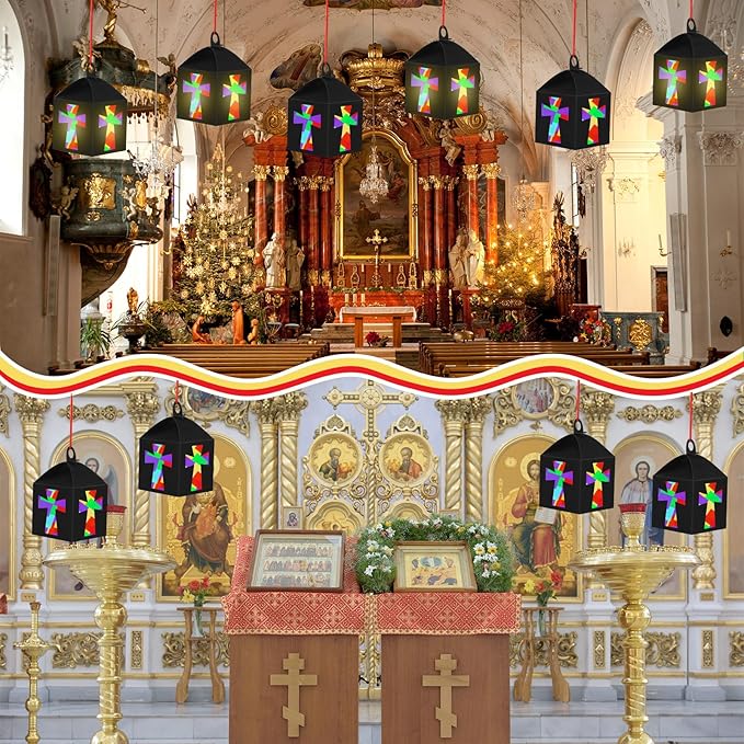 Simgoing 12 Sets Religious Cross Crafts with LED Candle Light DIY Christian Cross Lantern Tissue Paper Kits Religious Hanging Ornament for Church Sunday School Vbs Activities