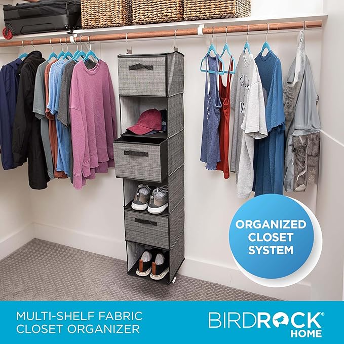 Internet's Best Hanging Closet Organizer with Drawers | 6 Shelf | 3 Drawers | Clothing Sweaters Shoes Accessories Storage | Grey