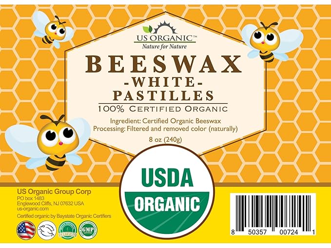 US Organic Beeswax 100% Pure White Pastilles, USDA Certified, for DIY Candle, Lip Balm, Body Cream, Lotion, Deodorant, Crayon, and Many More uses. 8 oz (Medium)