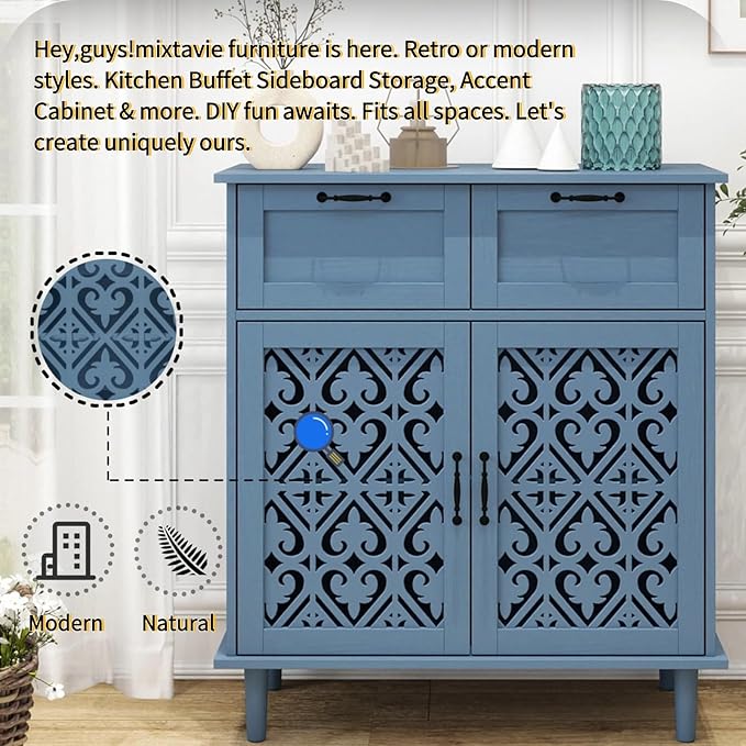 vistavie Blue Buffet Sideboard Cabinet with 2 Doors 2 Drawers - Accent Cabinet with Adjustable Shelves，31.5 Inch Wide Wood Storage Cabinets for Dining Room,Study Room and Kitchen