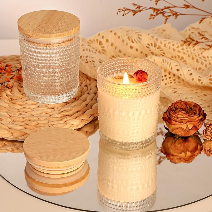 CONNOO 16 Pack 7 OZ Thick Pearl Glass Candle Jars for Making Candles with Airtight Bamboo Lids, Wicks & Stickers, for DIY Candle Making, Bulk Orders, Gifts & Home Décor, Clear