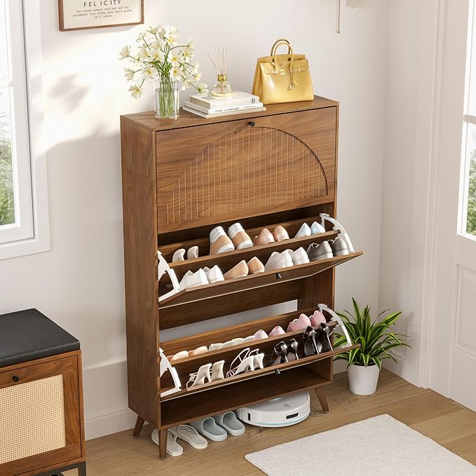 Fsbecl Shoe Storage Cabinet for Entryway with 3 Flip Drawers, Narrow Shoe Organizer with Fluted Panel, Freestanding Wood Hidden Shoe Cabinet for Hallway(Walnut, 31.4''W, Double Layer)