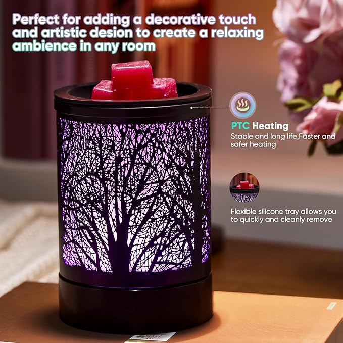 Enaroma Fragrance Wax Melts Warmer with 7 Colors LED Changing Light Classic Black Forest Design Scent Oil Candle Warmer for Home Black Tree Timer