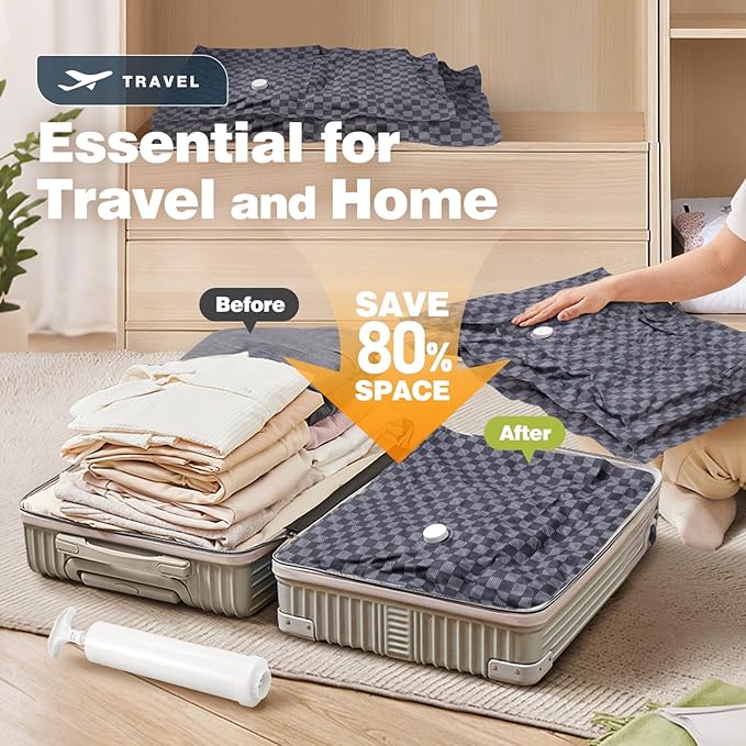 6 Pack Cloth Vacuum Storage Bags, Vacuum Seal Bags for Clothing with Hand Pump, 2 Large+4 Medium, 80% Space Saver Bags for Luggage, Comforters,Blankets, Home Travel Essentials (Dark Blue Checkered)