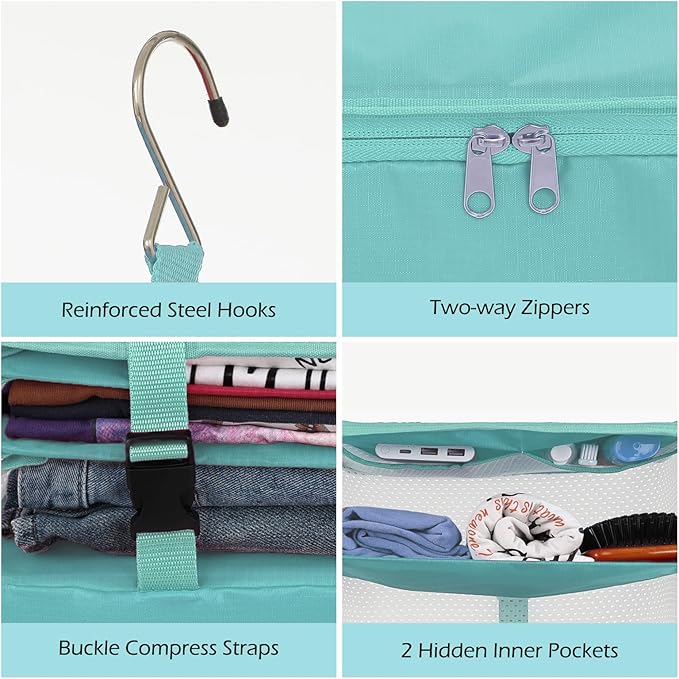 Surblue Hanging Closet Storage Bag Collapsible 3-Shelf Washable Oxford Fabric with 2 Hooks (L 11.41 * 11.41 * 19.68in, Aqua Blue)