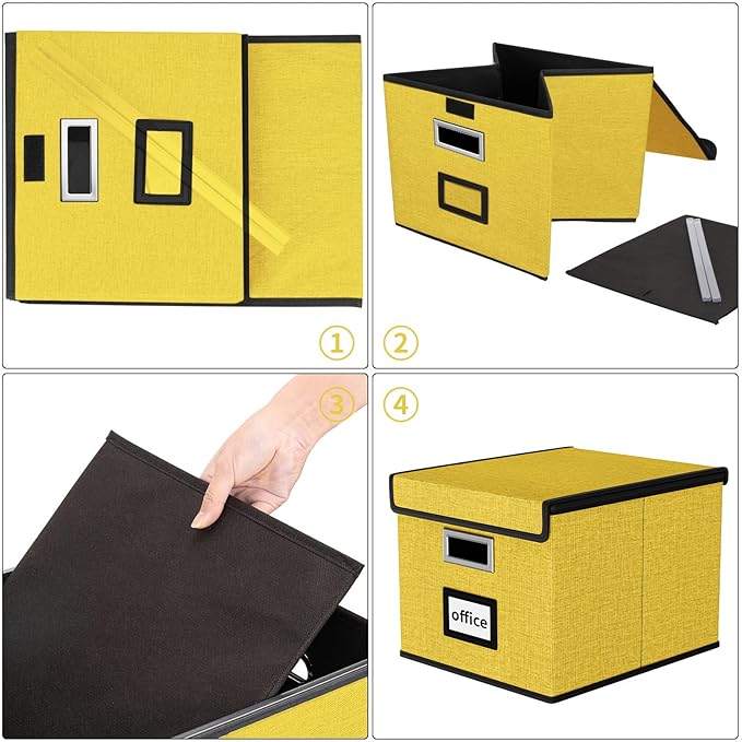 Huolewa File Organizer Box with Lid, Collapsible File Folder Organizer for Office Document Storage, Filing Box with Plastic Slide for Letter Size Hanging Files(1 Pack, Yellow)