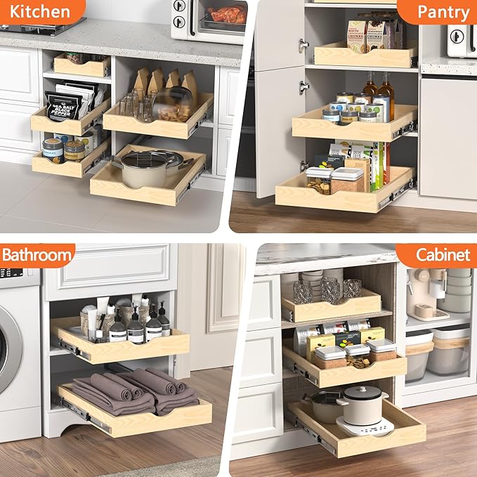 ZOINLIY 18''W X 21''D X 3''H Wooden Pull Out Drawer for Cabinet, Cabinet Organizer for Kitchen, Soft Close Slide Out Shelves, Heavy Duty, Fully Expandable