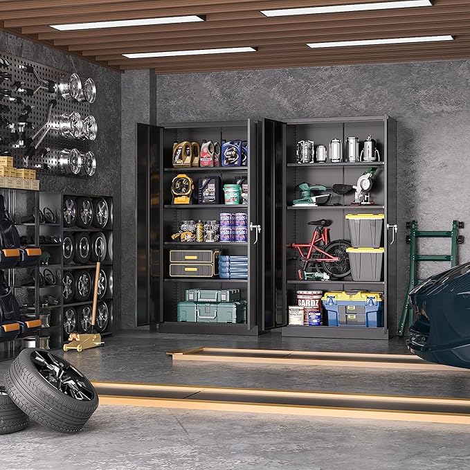 Greenvelly Storage Cabinet, 72” Black Garage Steel Locking Cabinet with Doors and 4 Adjustable Shelves, Tall Lockable File &Tool Cabinet for Home Office, Metal Classroom Cabinet Basement