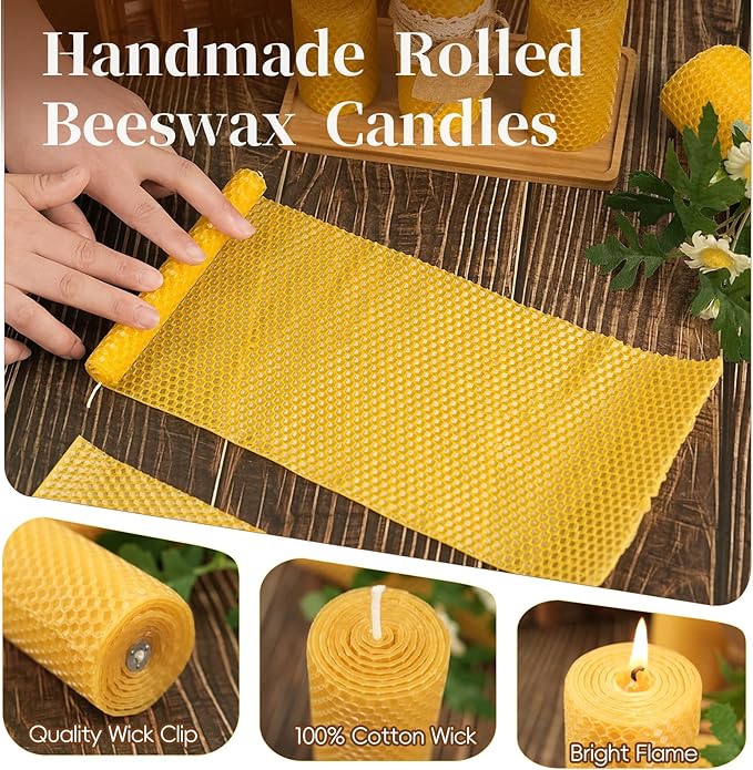 Pure Beeswax Pillar Candles,3 Pack Hand-Rolled Natural Beeswax Candles(1.77x3in,2x4in,2x6in) 60 Hours Burning Unscented Bees Wax Candle for Home,Smokeless&Dripless Pillar Candle for Meditation,Wedding