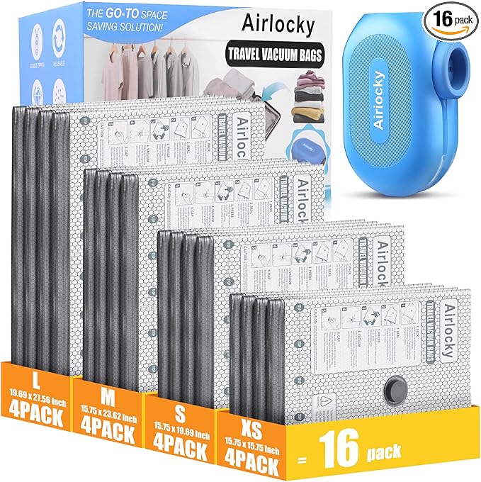 Travel Vacuum Storage Bags with Pump, 16 Pack Carry-on Compression Packing Bags + Portable Electric Pump, 80% Space Saver of Clothes, Vacuum Seal Bags for Clothing Travel Luggage