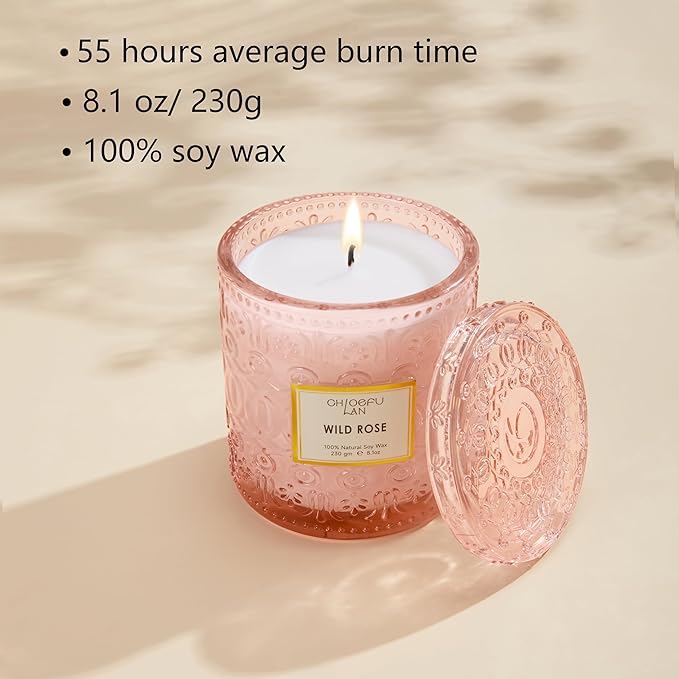 Chloefu LAN Wild Rose Candle, Mother Day Candles Gifts for Women, Luxury Jar Candle for Home Scented, Natural Soy Wax, Pink Candles for Home Scented, 55 Hours Long Burning, 8.1 oz
