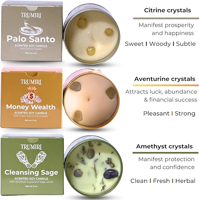 Cleansing Sage, Palo Santo, Money Wealth - Soy Candles Non Toxic - Highly Scented Long Lasting with Essential Oils - Variety Pack of 3 x 5oz - for Home Aromatherapy Meditation Gift Travel