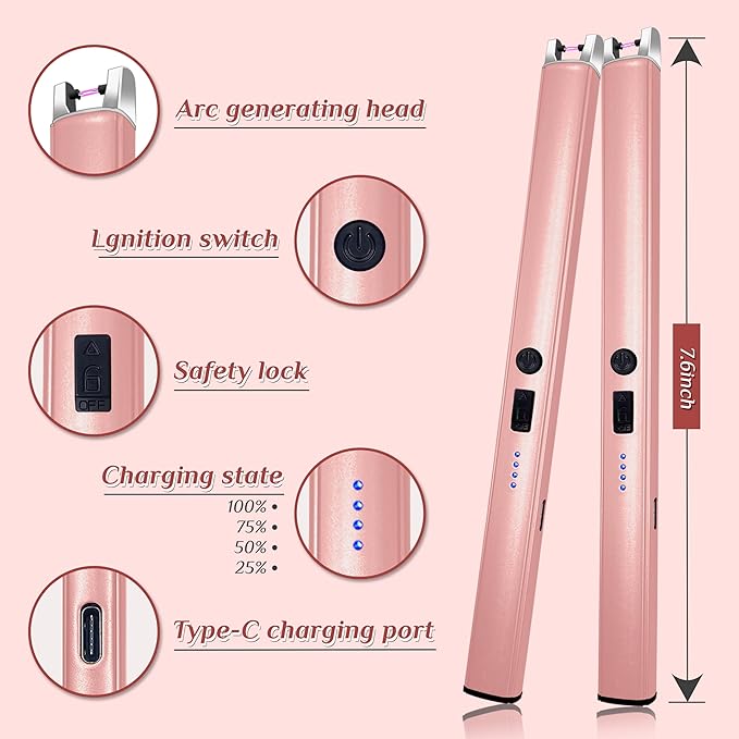 2 PCS Candle Lighter,Windproof Flameless Electric Lighter with LED Power Display ＆ Safety Switch, Upgraded Plasma USB Rechargeable Lighters for Birthday Camping BBQ (Pink)