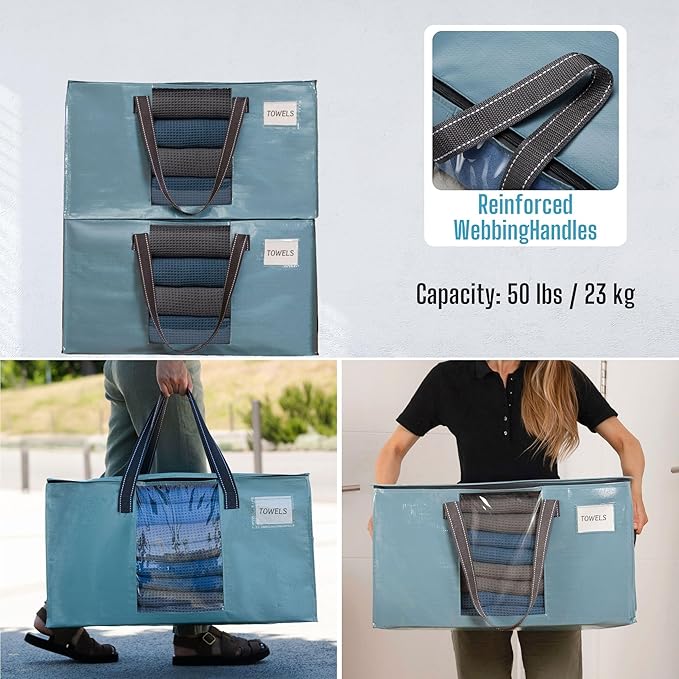 VENO 4 Pack Heavy Duty Moving Bags, Clothes and Comforter Storage Bags with Clear Window, College Dorm Essentials Packing Supplies, Foldable Boxes Alternative (Shiny Light Blue, 4 Pack)