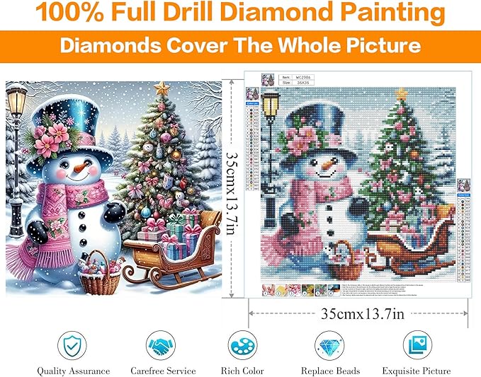 Diamond Art Kits for Adults, Christmas Snowman Diamond Painting Kits for Beginners, 5D Full Drill Gem Art Paint with Diamonds Dots Crafts Kits for Home Decor Gift 14x14inch
