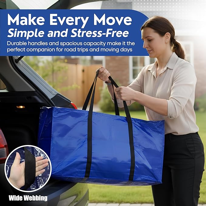 Extra Large Moving Bags Heavy Duty - 6 Pack Blue Storage Bags with Zipper & Strong Handles | Moving Bags for Clothes, Bedding & Home Organization | Reusable Packing Bags for Moving, Travel & College