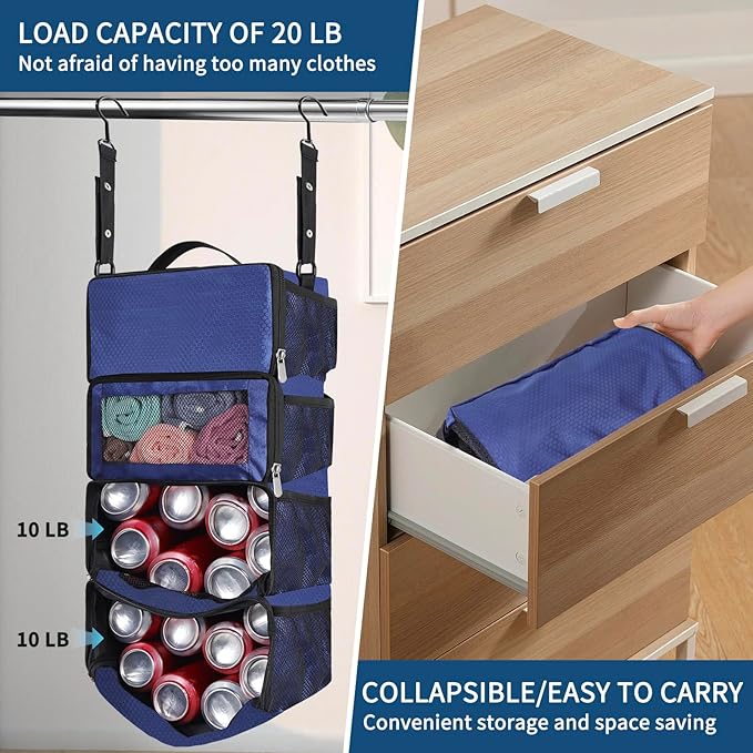 Suitcase Organizer, Hanging Packing Cubes & Portable Hanging Shelves - Collapsible Travel Organizer for Carry-on (Navy Blue, Small)