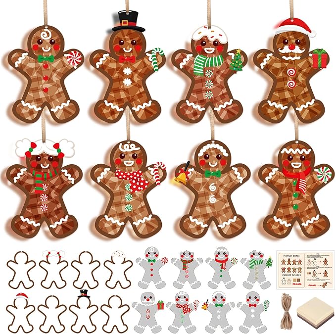Tinlade 32 Set Christmas Gingerbread Man Suncatchers Craft Kit Xmas DIY Window Stained Glass Tissue Paper Make Your Own Gingerbread Hanging Ornaments Christmas Winter Home School Classroom Activities