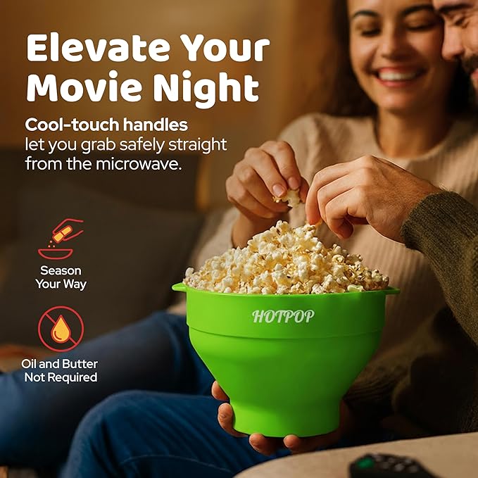 The Original Hotpop Microwave Popcorn Popper, Silicone Popcorn Maker, Collapsible Bowl BPA-Free and Dishwasher Safe- 20 Colors Available (Green)