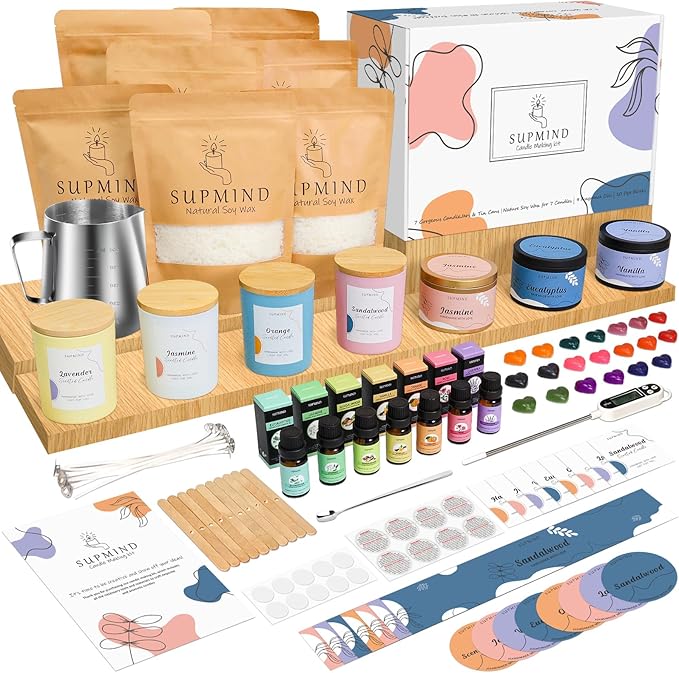 SUPMIND Candle Making Kit for Adults - Candle Making Supplies for Candle Making Starter Kits with Soy Wax, Big 7oz Jars & Tins, 7 Pleasant Scents, Color Dyes & More - Perfect for Home Decorations