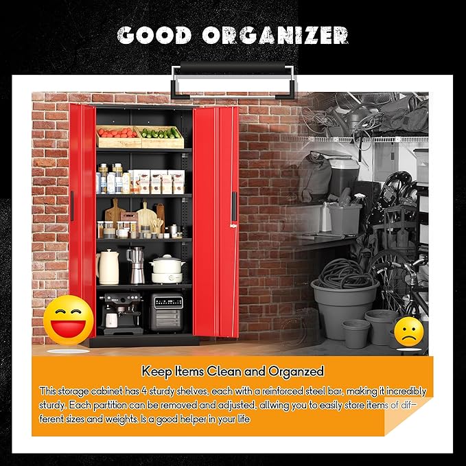 Greenvelly Metal Garage Storage Cabinet with Lock, 72" Metal Storage Cabinet with 2Doors and 4Adjustable Shelves, Steel Tool Cabinet for Home Office, School,Gym (Black&Red)