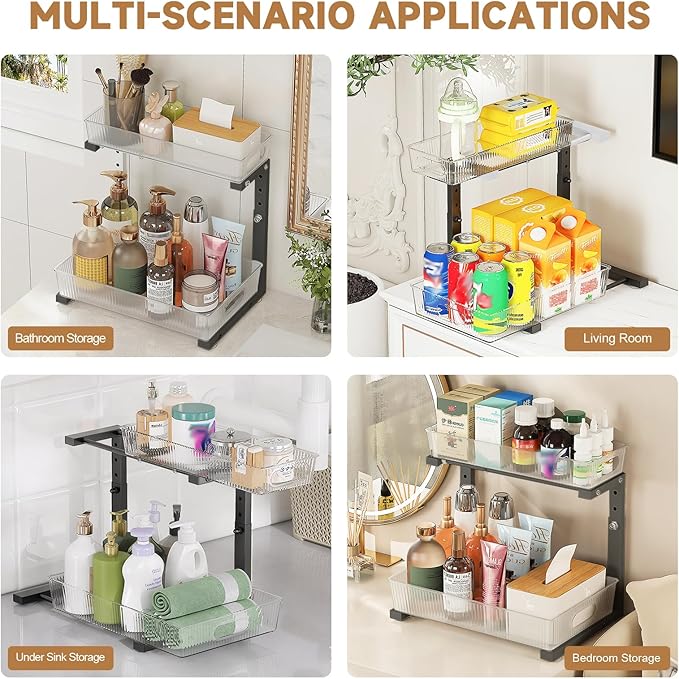 ETOYA 2 Pack Under Sink Organizer Kitchen, 2-Tier Pull Out Cabinet Organizer, L-Shaped Adjustable Height, Acrylic Under Sink Storage Shelf for Kitchen, Bathroom Vanity & Utility Closet