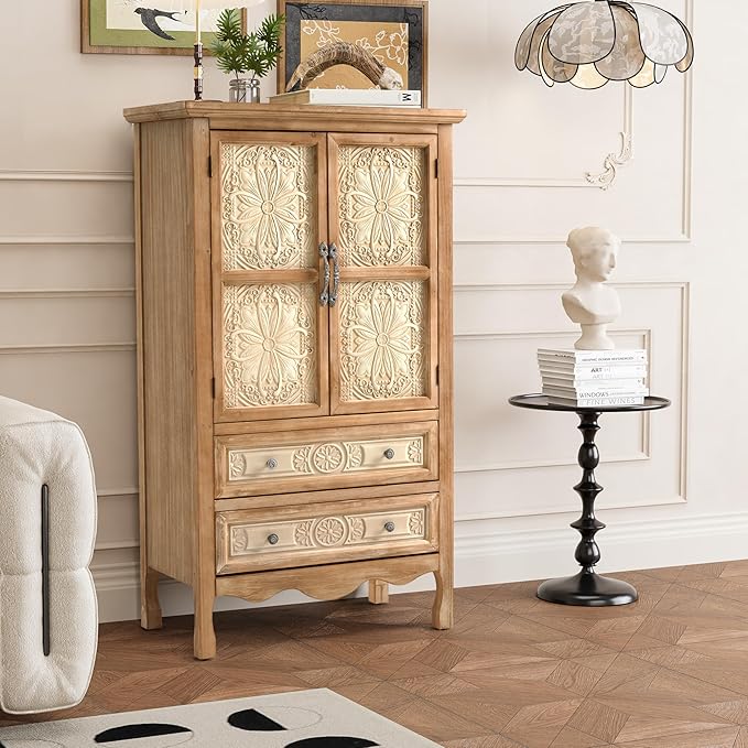RoyalCraft 48" Tall Accent Cabinet with 2 Carved Doors and 2 Drawers，Vintage Wood Cabinet with Storage, French Country Sideboard Buffet for Small Spaces, Dining Room, Living Room & Hallway