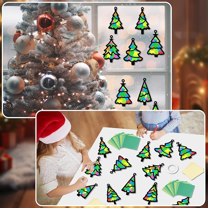 Qyeahkj 36 Set Christmas Tree Suncatchers Crafts for Kids DIY Xmas Tree Window Tissue Paper Craft Kit Hanging Decor for Christmas Winter Home Activity Art Project Birthday Party Favor Gift