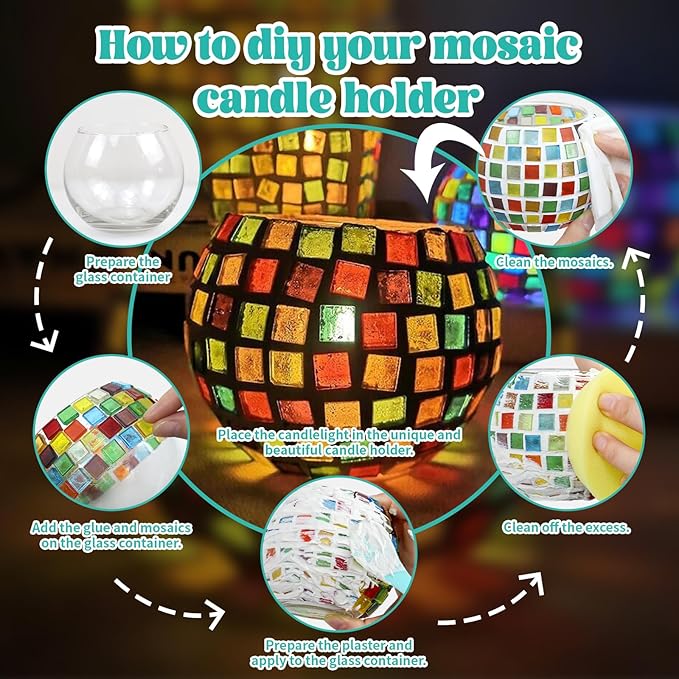 goldentime Glass Mosaic Candle Holder Kit, DIY Stained Glass Kit for Adults Home Decor Fun Arts and Crafts Gifts for Teens Adults Valentine Birthday Mother’s Day Gifts