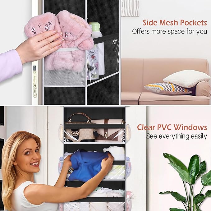 MISSLO Back of Door Storage Organizer Hanging with 6 Large Pockets 12 Side Pockets Closet Door Organizer Baby Organization for Bathroom, Pantry, Bedroom, Nursery, Clothes, Toys, Diapers, Black