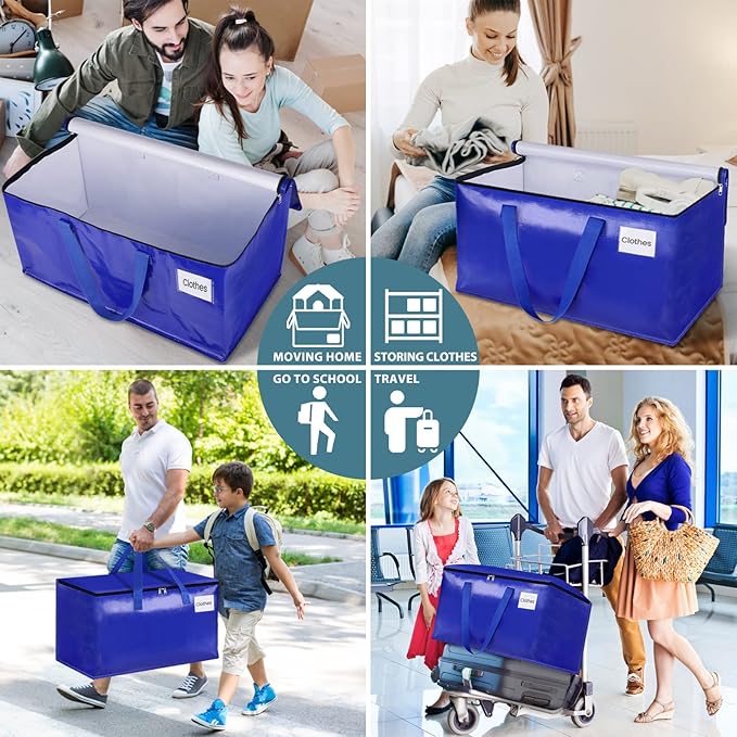 HomeHacks Moving Bags Heavy Duty with Strong Zippers and Handles Collapsible Moving Supplies, Storage Totes for Packing & Moving Storing 93L,6-Pack, Blue