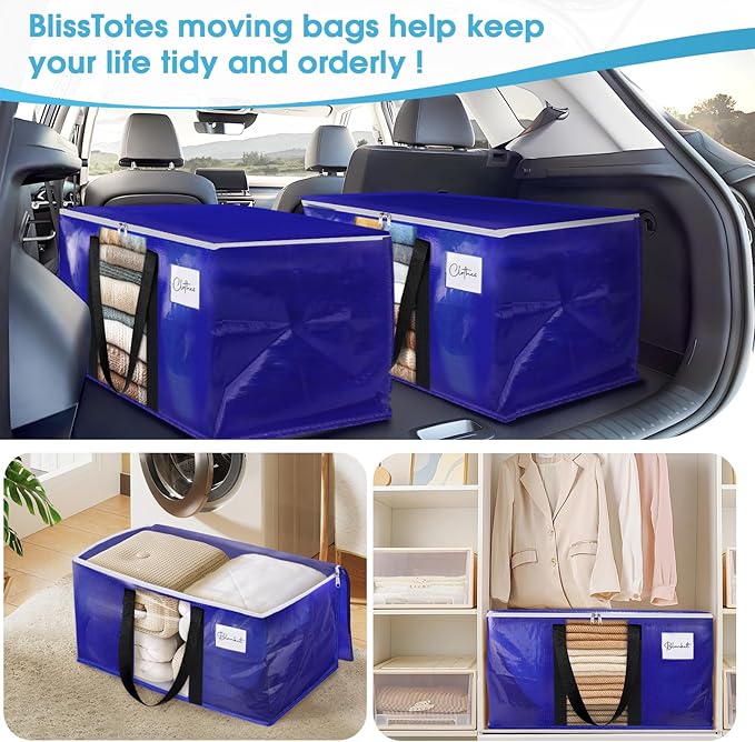 BlissTotes 2 Pack Moving Bags with Clear Window, Storage Bags with Strong Carrying Handles & Zippers,Large Packing Bags for Saving Space, Alternative to Moving Boxes(Blue,33 Gallon)