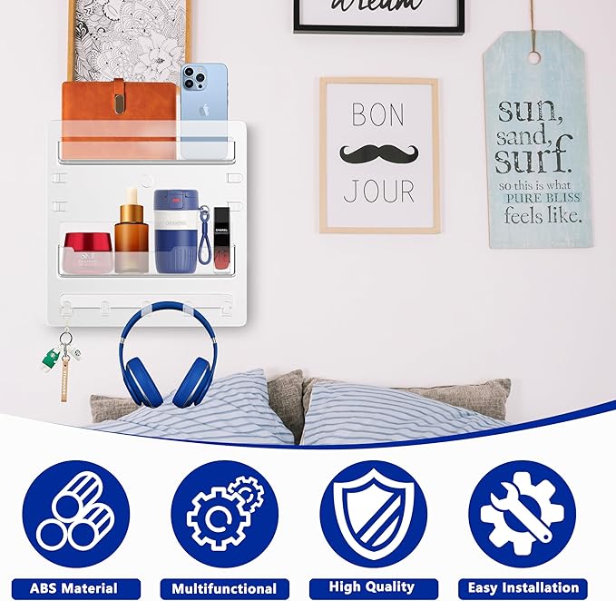 Bedside Shelf Wall Mount,Floating Bedside Adhesive Shelves Accessories,Wall Shelf Organizer and Storage for Bedroom,Camper,Dorm,Apartment-Phone,Earphone,Kindle,Remote Holder,Cable Clip,5 Hooks-Clear