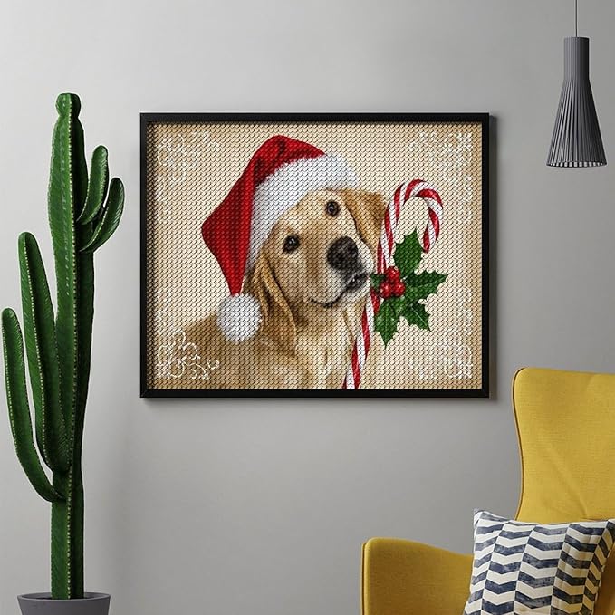 Diamond Painting Kits for Adults - Christmas Golden Retriever Puppy in Santa Hat with Candy Cane Painting DIY 5D Full Drill Diamond Dots Paintings with Diamonds Gem Art And Crafts Home Decor 16"x20"