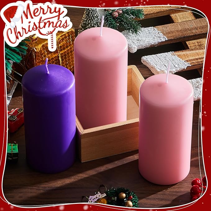 Amylove 8 Pcs 3 x 6 Inch Advent Pillar Candles Set Pink Purple Christmas Unscented Lasting Burning Church Candles for Advent Wreath Holiday Gifting