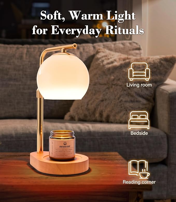 Ivory Glass Candle Warmer Lamp Adjustable Height Dimmer 2 4 8 Hour Timer Dark Wood Base Wax Melter Includes Scented Candle and 2 Bulbs for Cozy Bedroom Living Room Home Decor